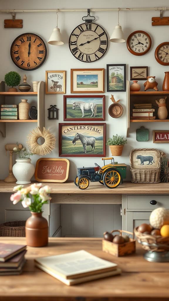 Cozy farmhouse-inspired office decor with vintage clocks and rustic artwork.