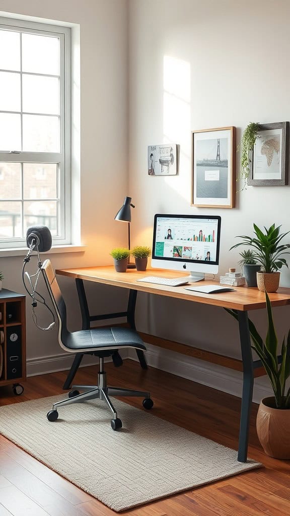 A bright, inviting workspace with a wooden desk, computer, plants, and a comfortable chair.