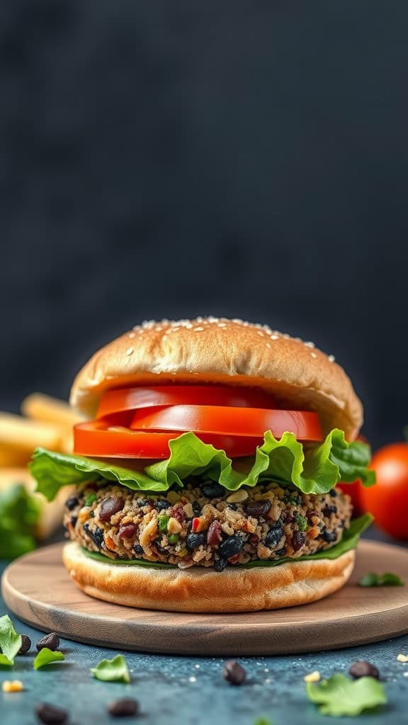 A quinoa and black bean burger with fresh vegetables on a wooden plate.