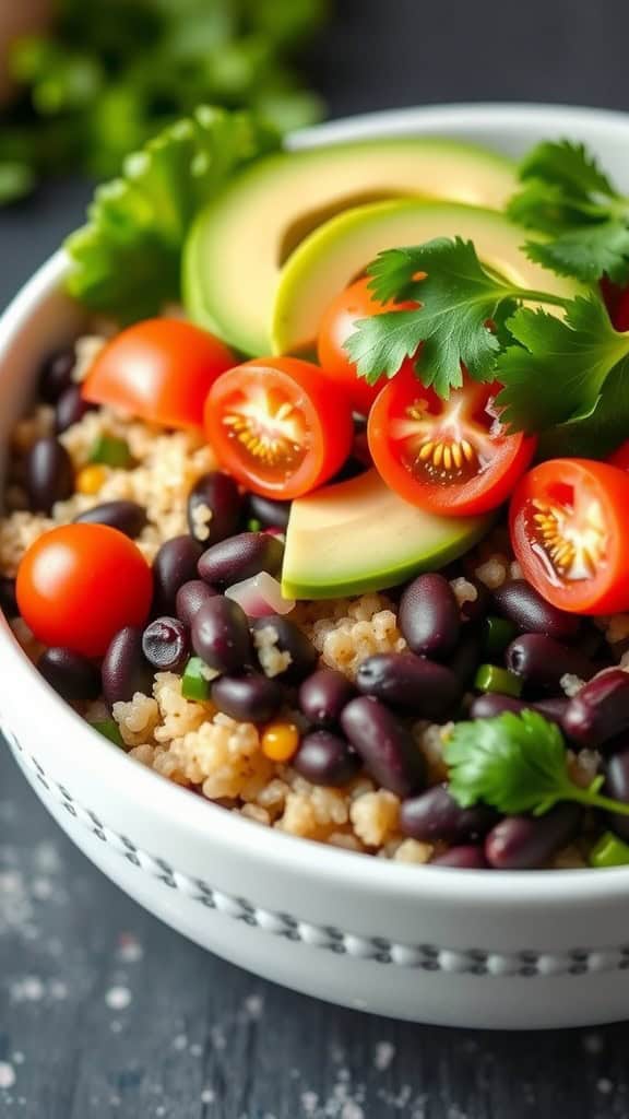 A bowl filled with quinoa, black beans, cherry tomatoes, avocado slices, and cilantro.