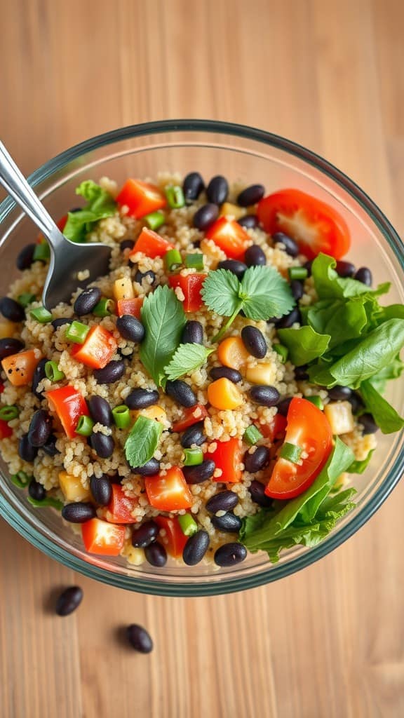 A vibrant bowl of quinoa and black bean salad with colorful vegetables.