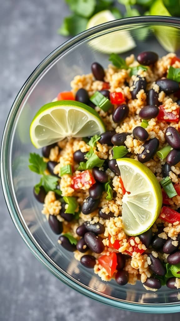 A vibrant quinoa and black bean salad in a glass bowl with lime wedges and fresh vegetables.