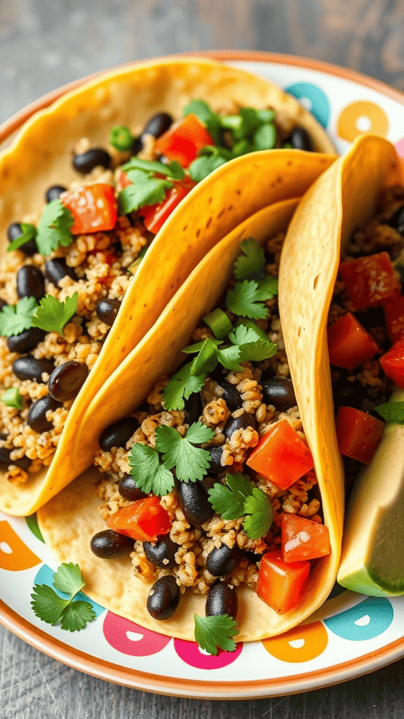 Three quinoa and black bean tacos topped with cilantro and diced tomatoes on a colorful plate