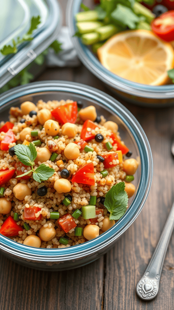 A vibrant quinoa salad with chickpeas, tomatoes, and herbs in a glass container, alongside fresh veggies and lemon slices.