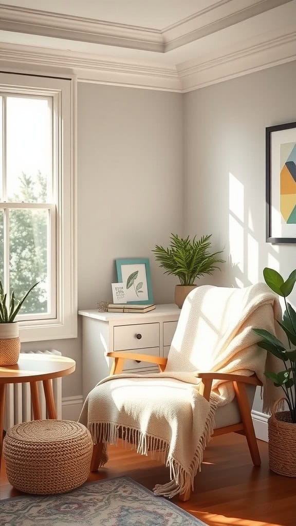 A cozy reading nook featuring a pastel color scheme, a comfortable armchair with a throw, potted plants, and a small side table