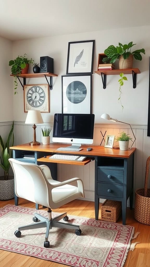 A cozy home office setup featuring a wooden desk, an ergonomic chair, and decorative elements like plants and framed art