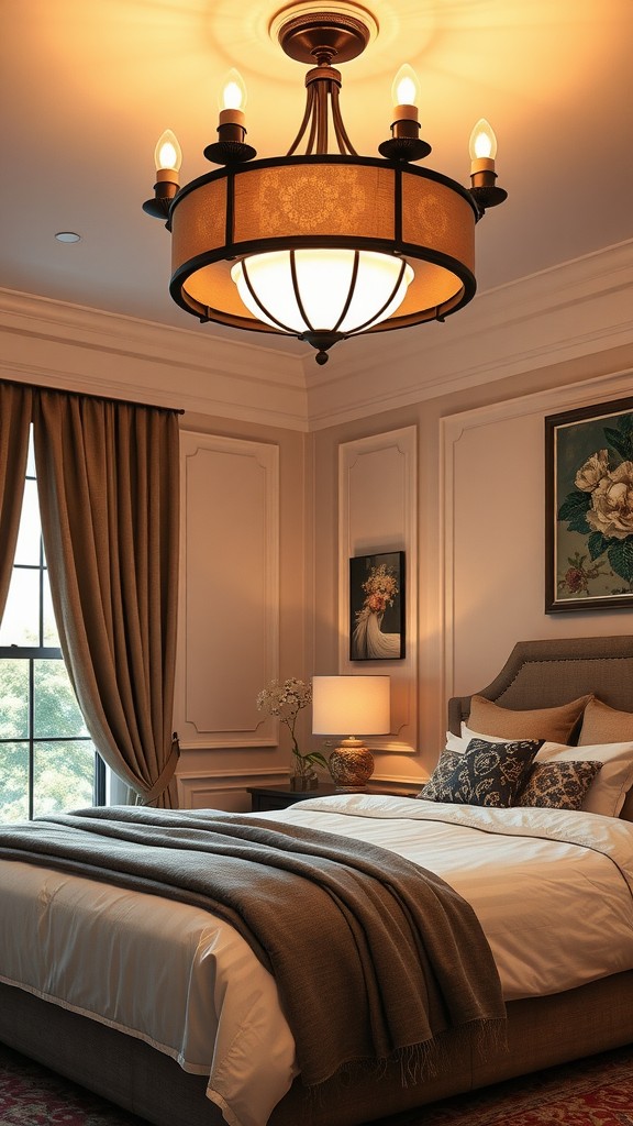 A cozy bedroom featuring a stylish chandelier that provides warm lighting.