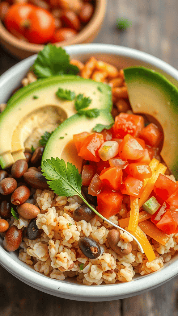 A vibrant Rice and Bean Burrito Bowl with rice, black beans, diced tomatoes, avocado, and cilantro.