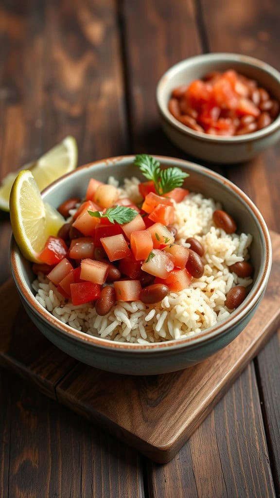 A bowl of rice topped with beans and fresh salsa, garnished with lime and herbs.