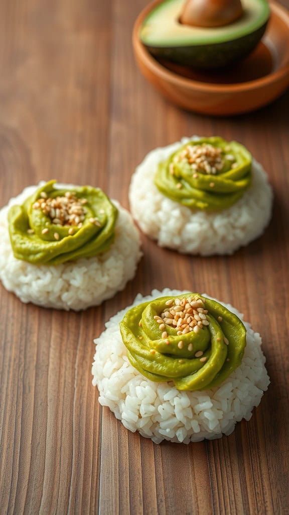 Rice cakes topped with avocado and sesame seeds, placed on a wooden table.