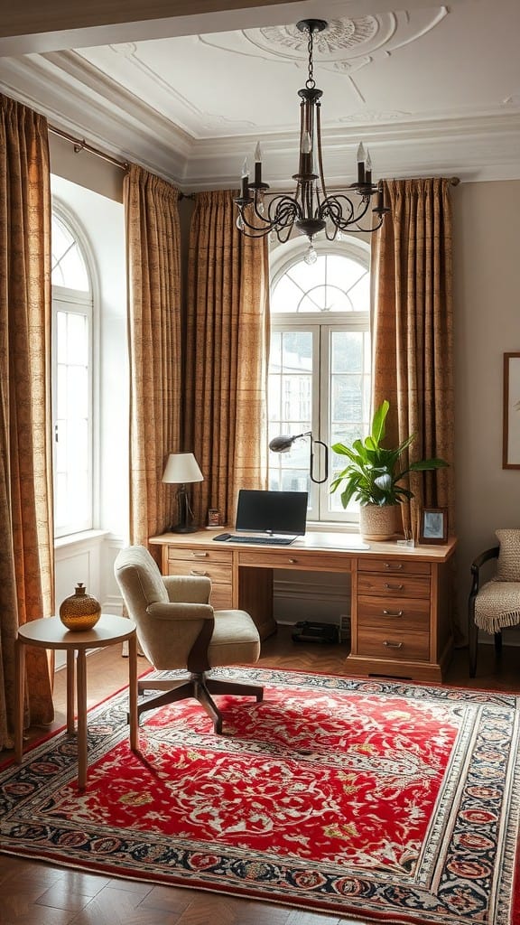 A luxury home office featuring a rich red rug, wooden desk, and elegant curtains.