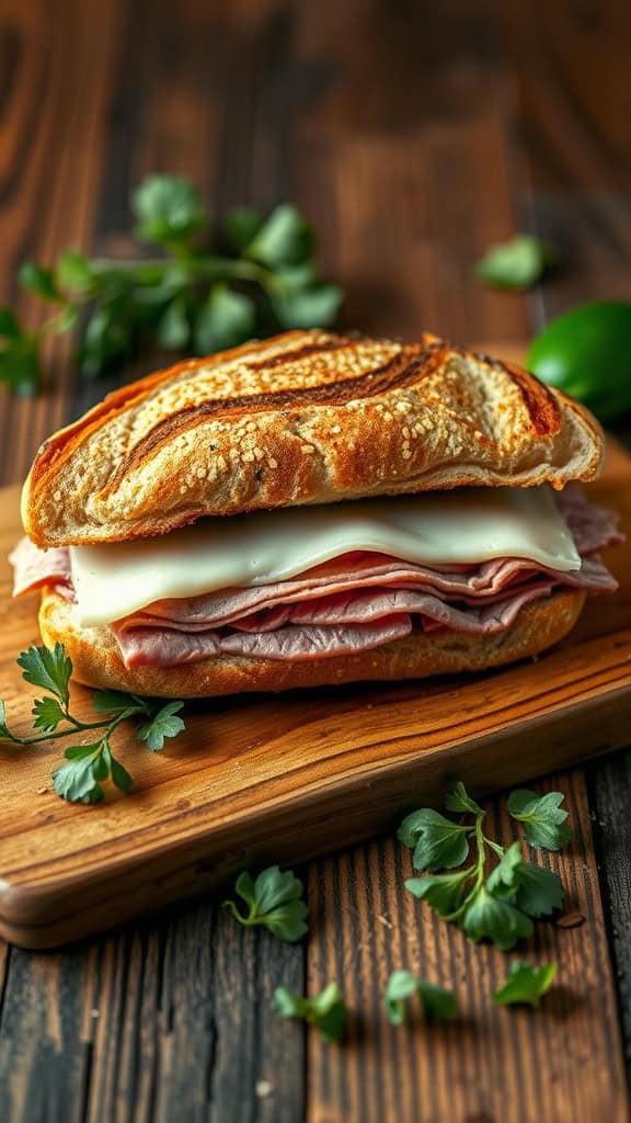 A delicious roast beef and Swiss sandwich on a wooden board with fresh parsley.