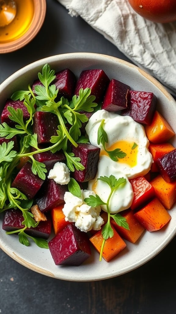 A delicious bowl of roasted beets, goat cheese, and fresh parsley on a dark background.