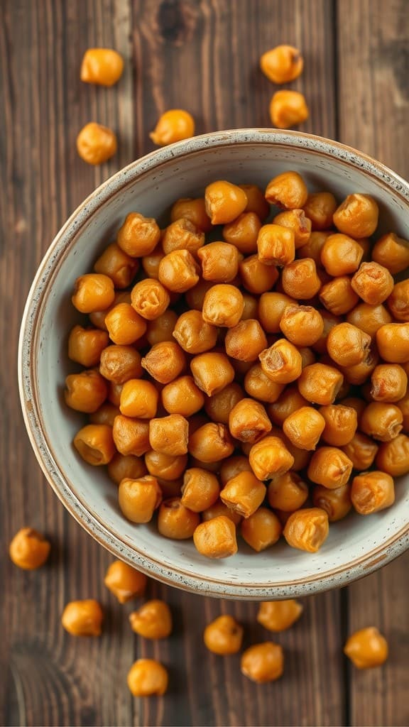 Bowl of roasted chickpeas on a wooden surface with some scattered around.