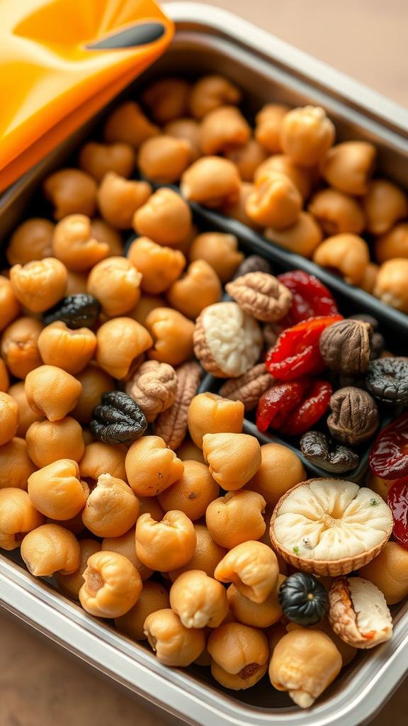 A snack pack filled with roasted chickpeas and assorted nuts and dried fruits.