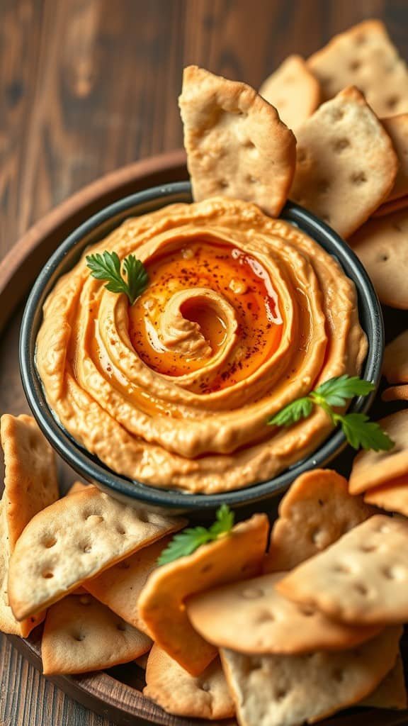 A bowl of roasted red pepper hummus surrounded by crispy pita chips on a wooden platter.