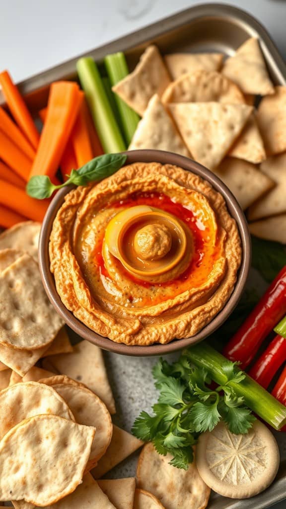 A bowl of roasted red pepper hummus surrounded by pita chips and fresh veggies