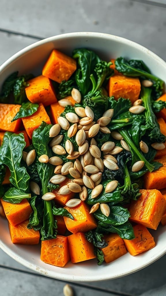 A bowl filled with roasted sweet potatoes, fresh kale, and pumpkin seeds.