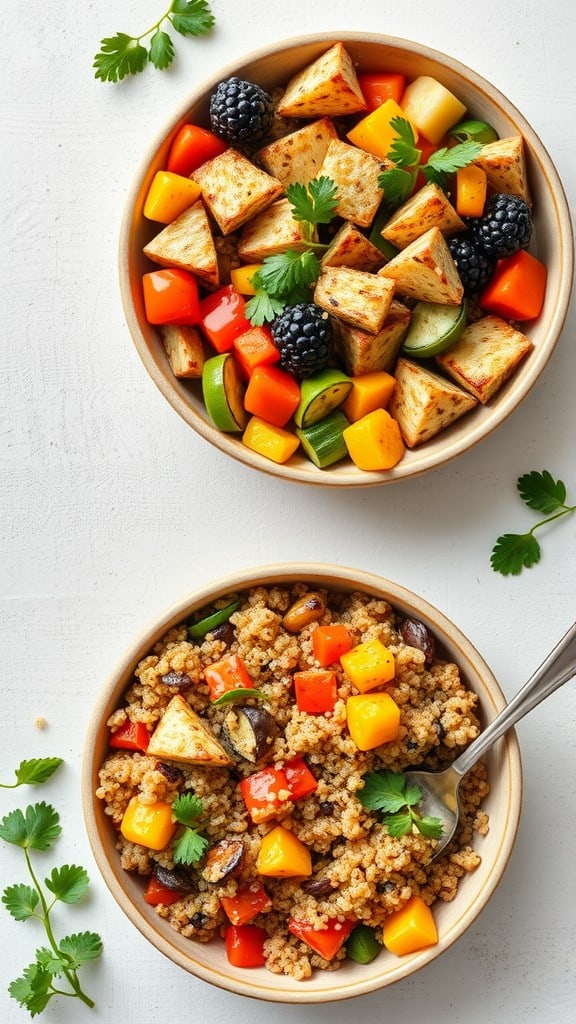 A bowl of roasted vegetable quinoa with colorful vegetables