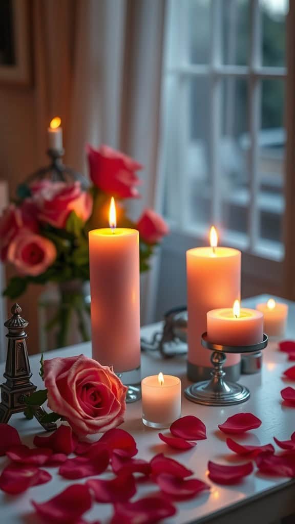 A romantic candle setup featuring candles, roses, and rose petals.