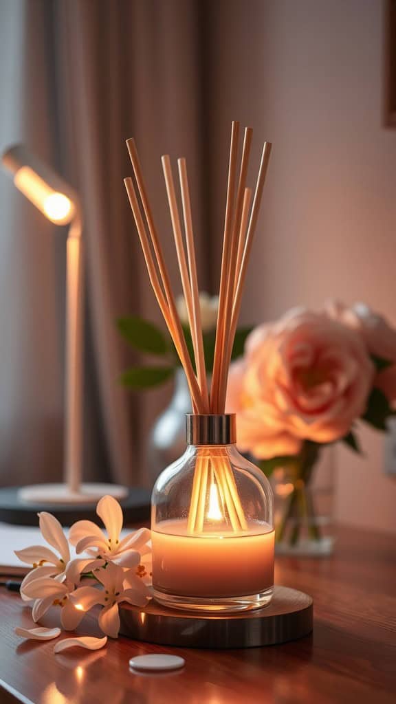 A romantic scented diffuser with wooden reeds, surrounded by flowers, glowing softly on a wooden table.