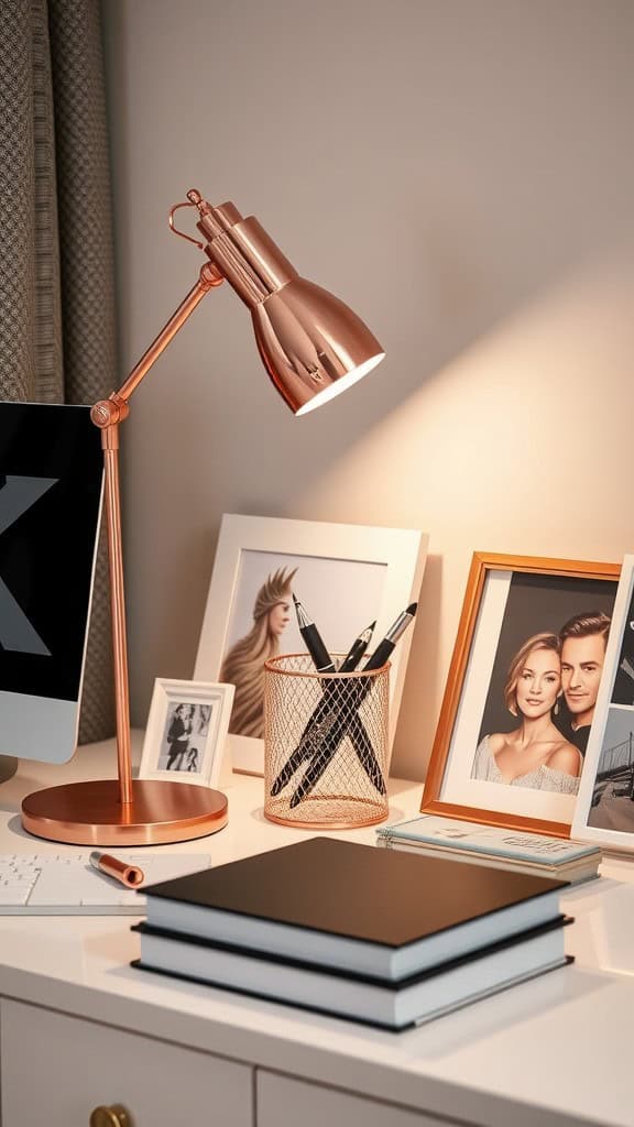 A stylish desk featuring a rose gold lamp, framed photos, and organized stationery.