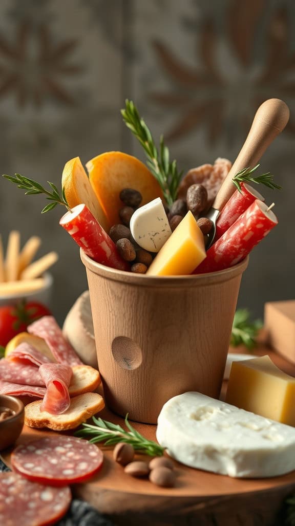 A rustic charcuterie cup filled with cured meats, cheeses, fruits, and nuts.