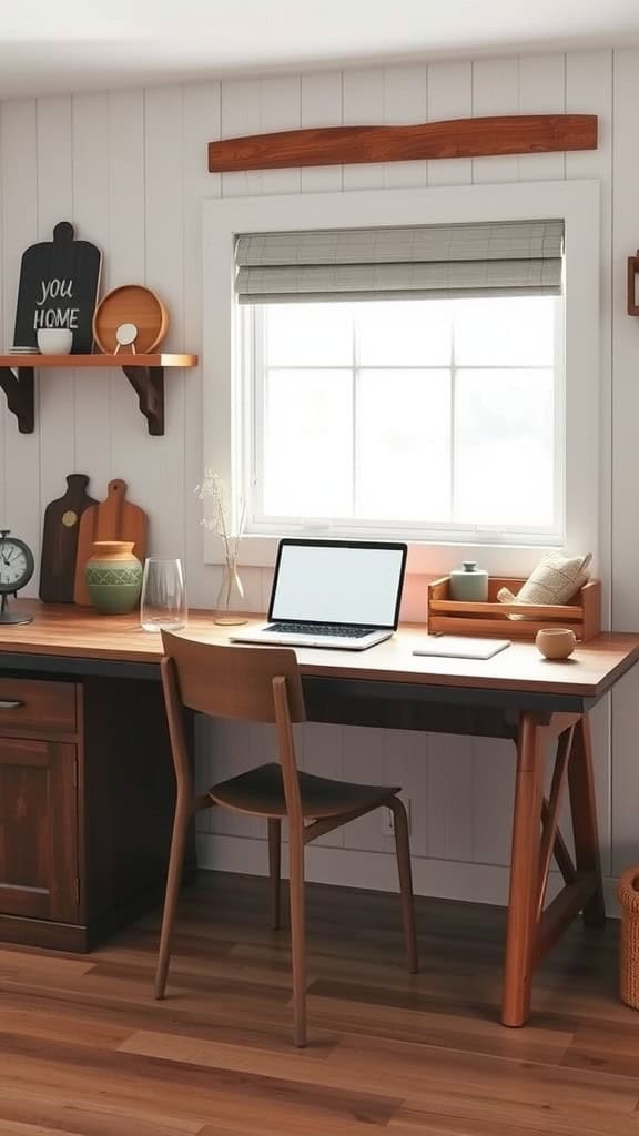 A cozy home office featuring a rustic desk with a laptop and decorative items, set in a farmhouse style.