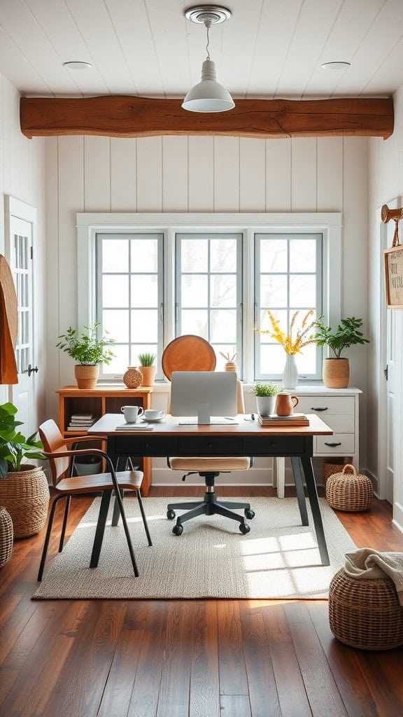 A bright home office featuring a wooden desk in the middle, surrounded by plants and cozy decor.