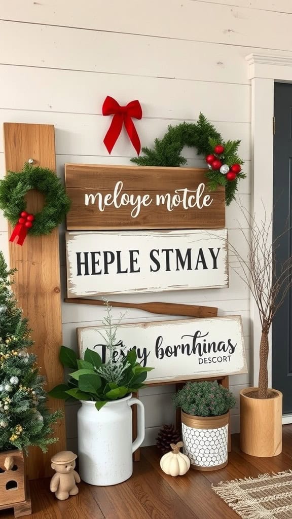 Rustic farmhouse Christmas decorations featuring wooden signs, wreaths, and a small tree.