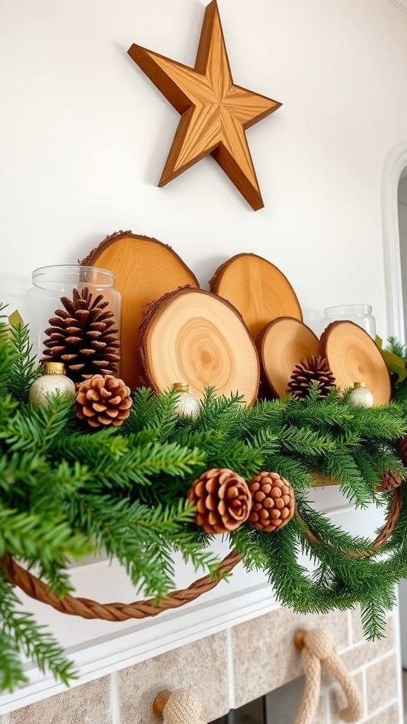 A rustic mantle decorated with wooden slices, pinecones, and greenery.