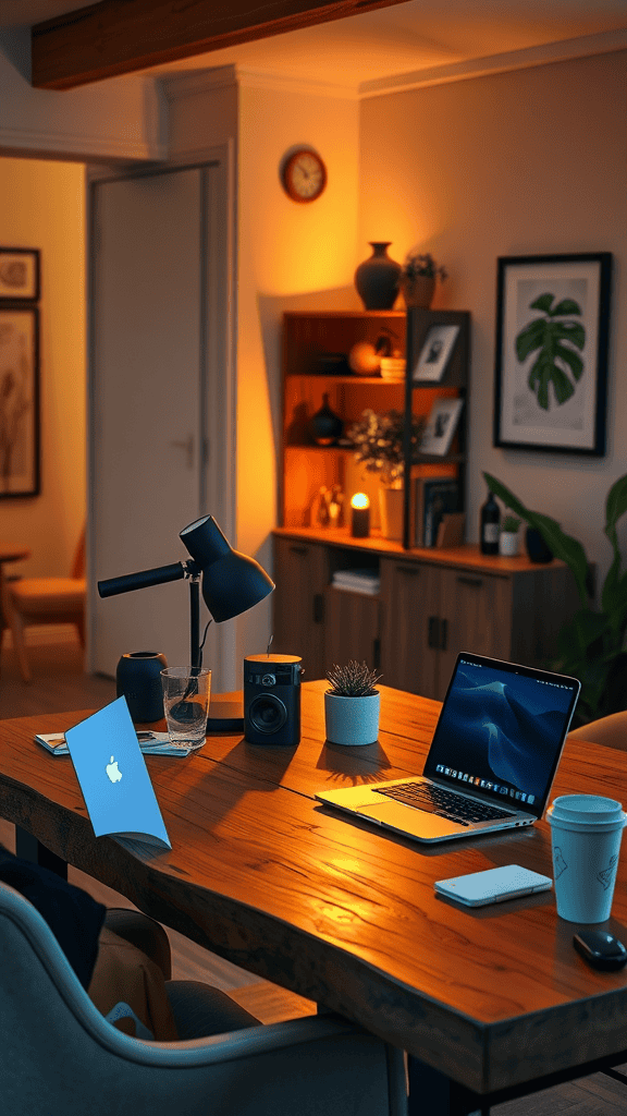 A cozy workspace featuring a rustic wooden desk, a laptop, a camera, and warm lighting.