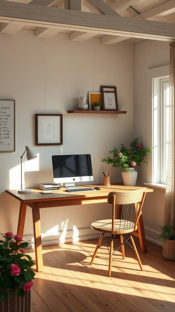 A rustic wooden desk in a cozy home office with plants and natural light.