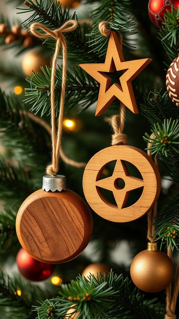 Close-up of rustic wooden ornaments on a Christmas tree