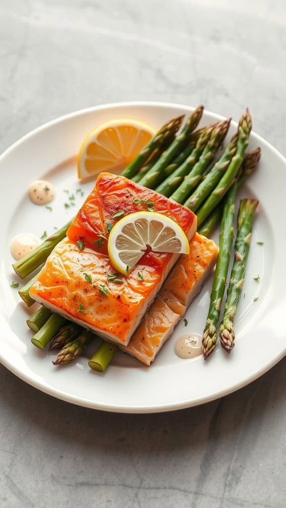 A beautifully arranged plate of salmon with asparagus and lemon slices.