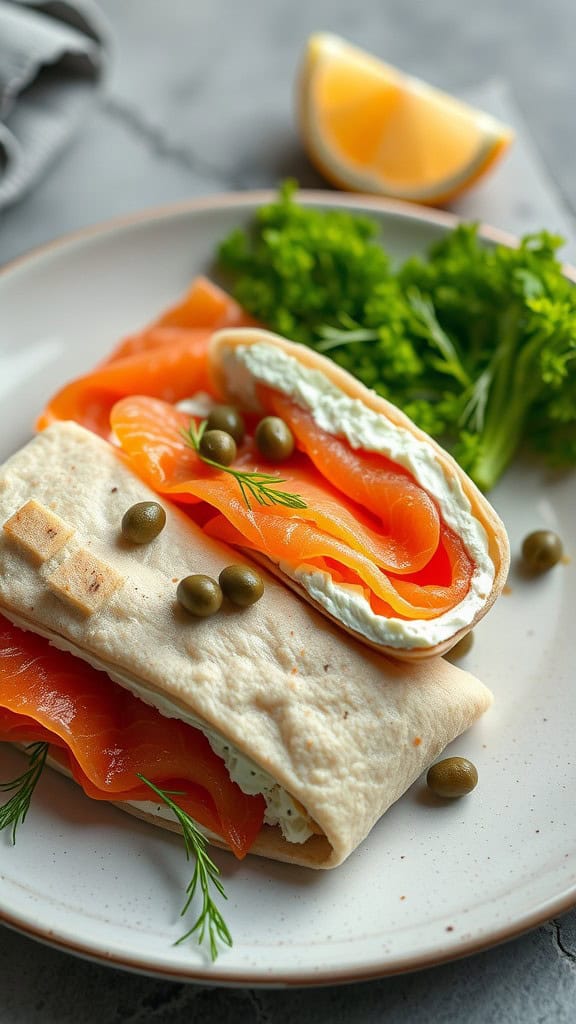 A salmon and cream cheese wrap with garnishes on a plate.