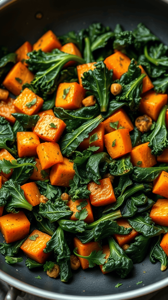 A close-up of sautéed kale and sweet potato hash in a pan.