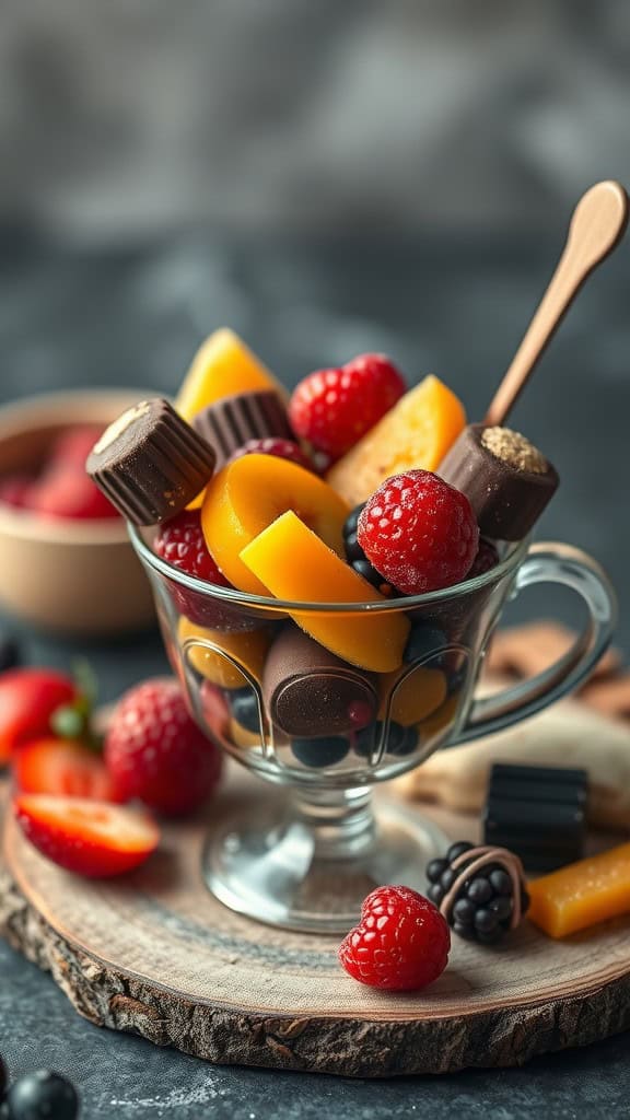 A cup filled with chocolate pieces, fruits, and berries, showcasing a mix of sweet and savory snacks.