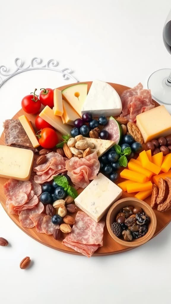 A beautifully arranged charcuterie board featuring various cheeses, meats, fresh fruits, and nuts.