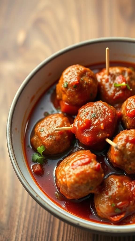 A bowl of savory meatballs in marinara sauce with toothpicks