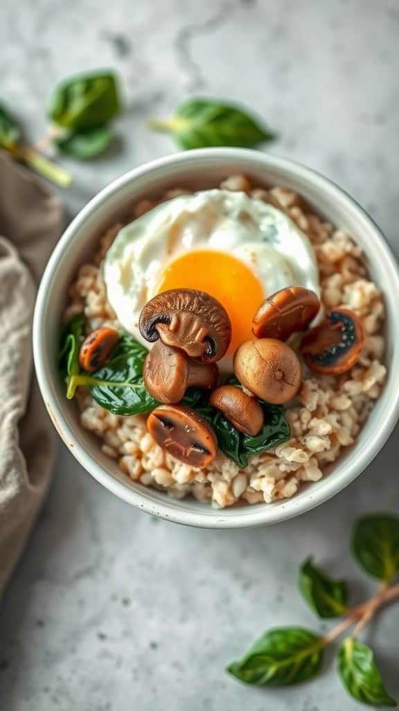 A savory oatmeal bowl with mushrooms, spinach, and a poached egg on top.