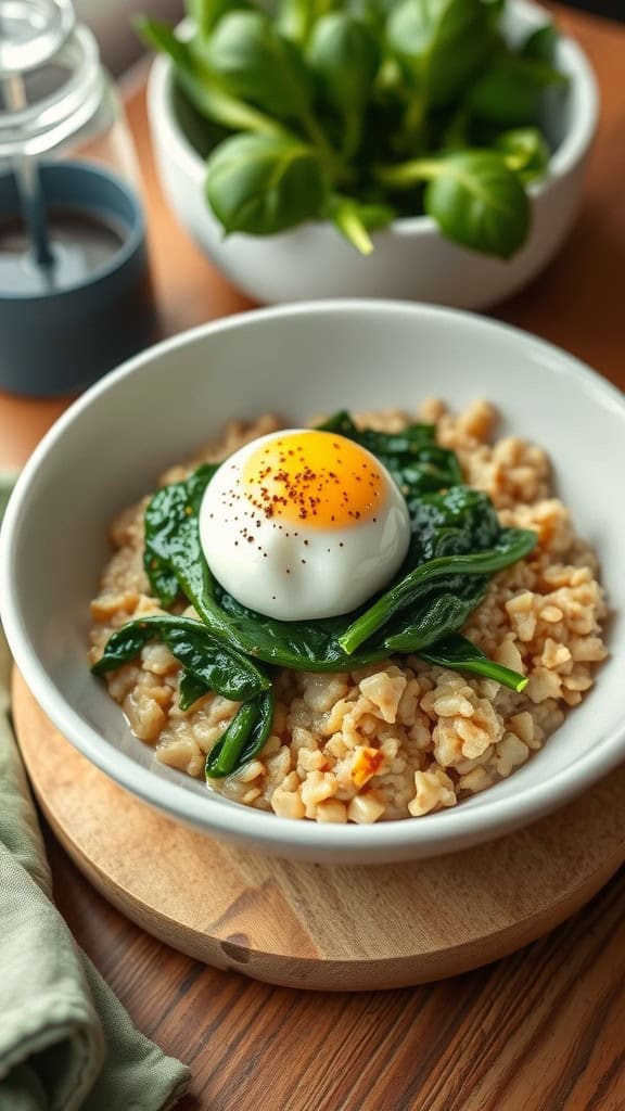 A bowl of savory oatmeal topped with spinach and a poached egg.