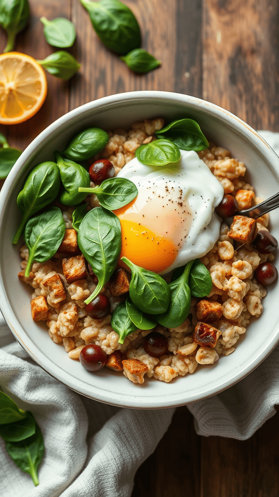 A bowl of savory oatmeal topped with spinach and a poached egg, garnished with grapes and lemon slices.