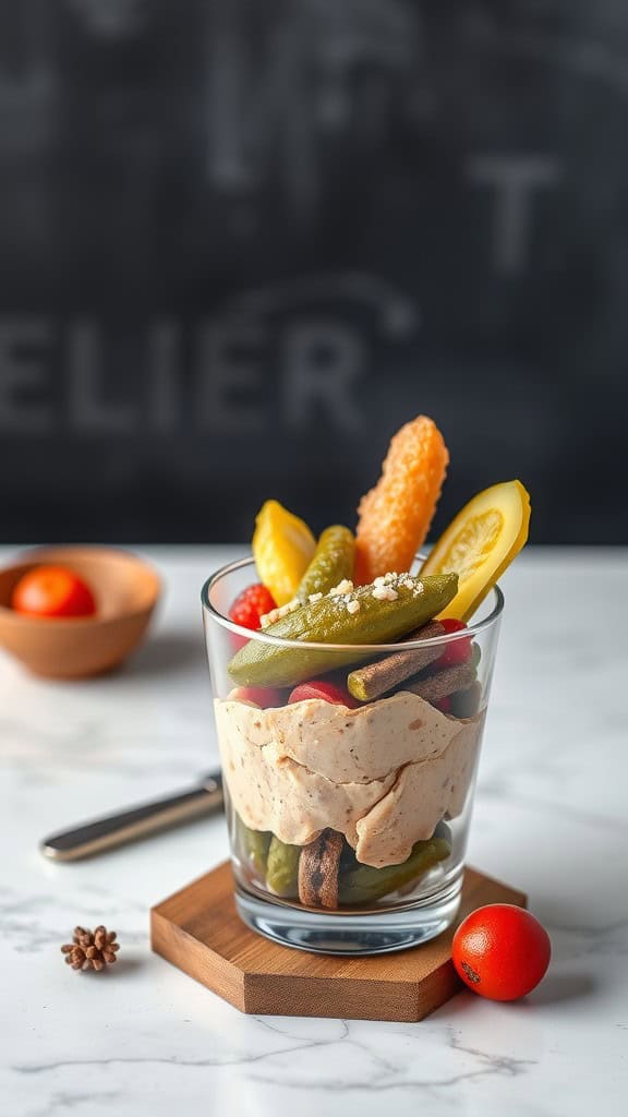 A layered charcuterie cup featuring pâté surrounded by pickles and cherry tomatoes.