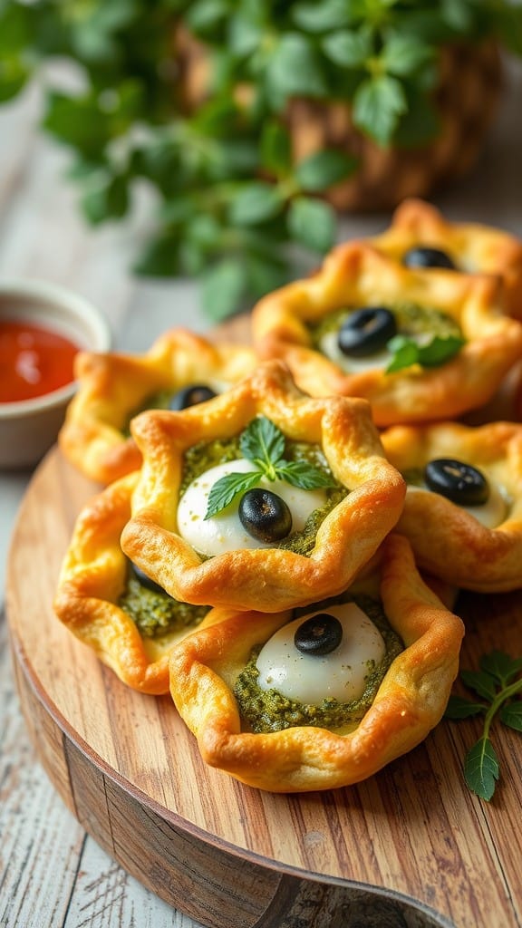 Savory palmiers with pesto and cheese on a wooden board, garnished with olives and herbs.