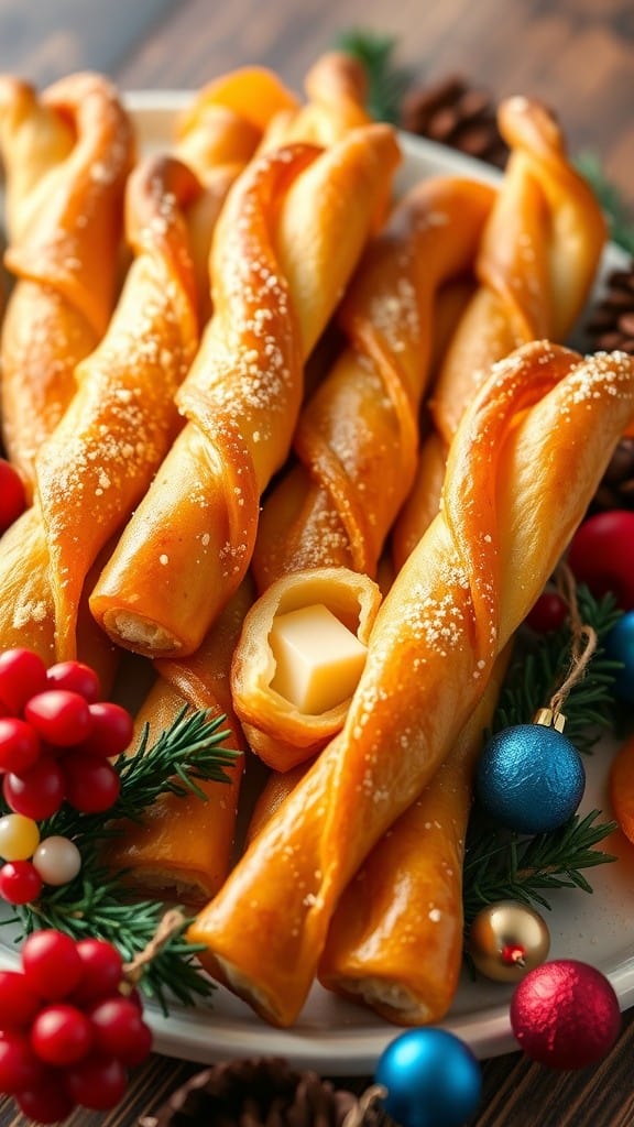 A plate of golden puff pastry cheese twists, some with butter inside, surrounded by festive decorations.