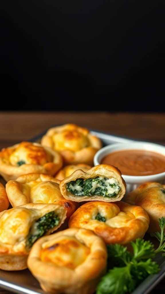 A tray of savory spinach and cheese puffs with a side of dipping sauce.