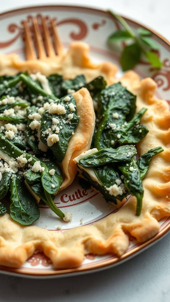 A heart-shaped pastry filled with spinach and cheese, beautifully presented on a plate.