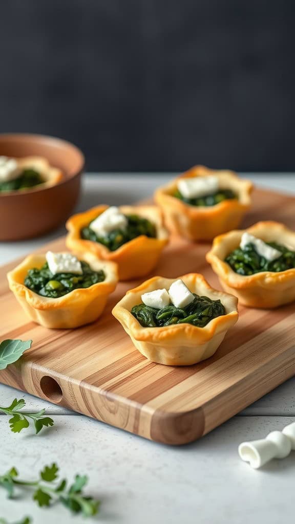 Savory spinach and feta puff pastry bites on a wooden cutting board