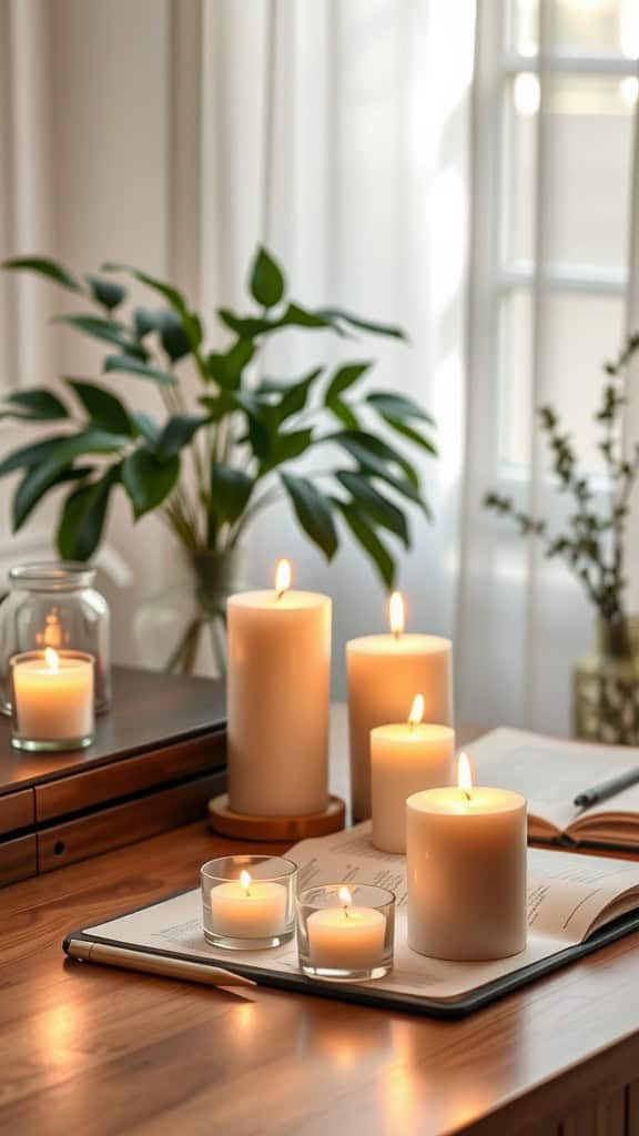 A cozy home office setup with several lit candles on a desk, surrounded by plants and natural light.